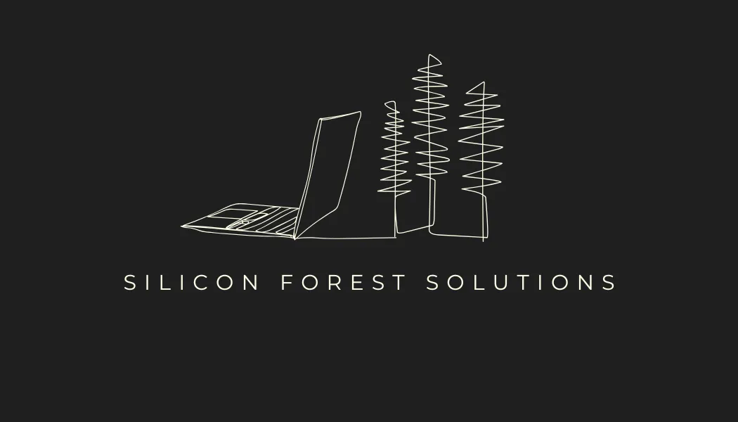 Silicon Forest Solutions — line-art laptop among evergreen trees